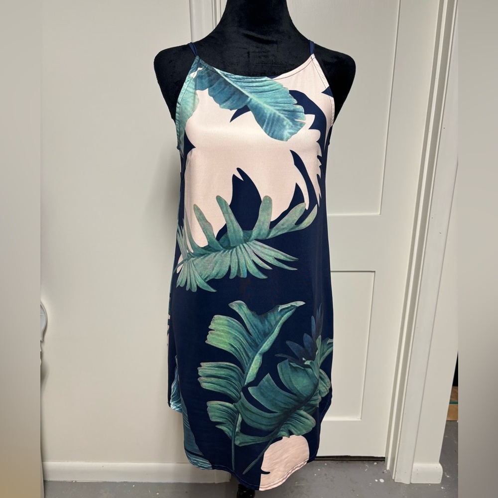 Tropical Leaf Print Mini Dress in Navy and Green